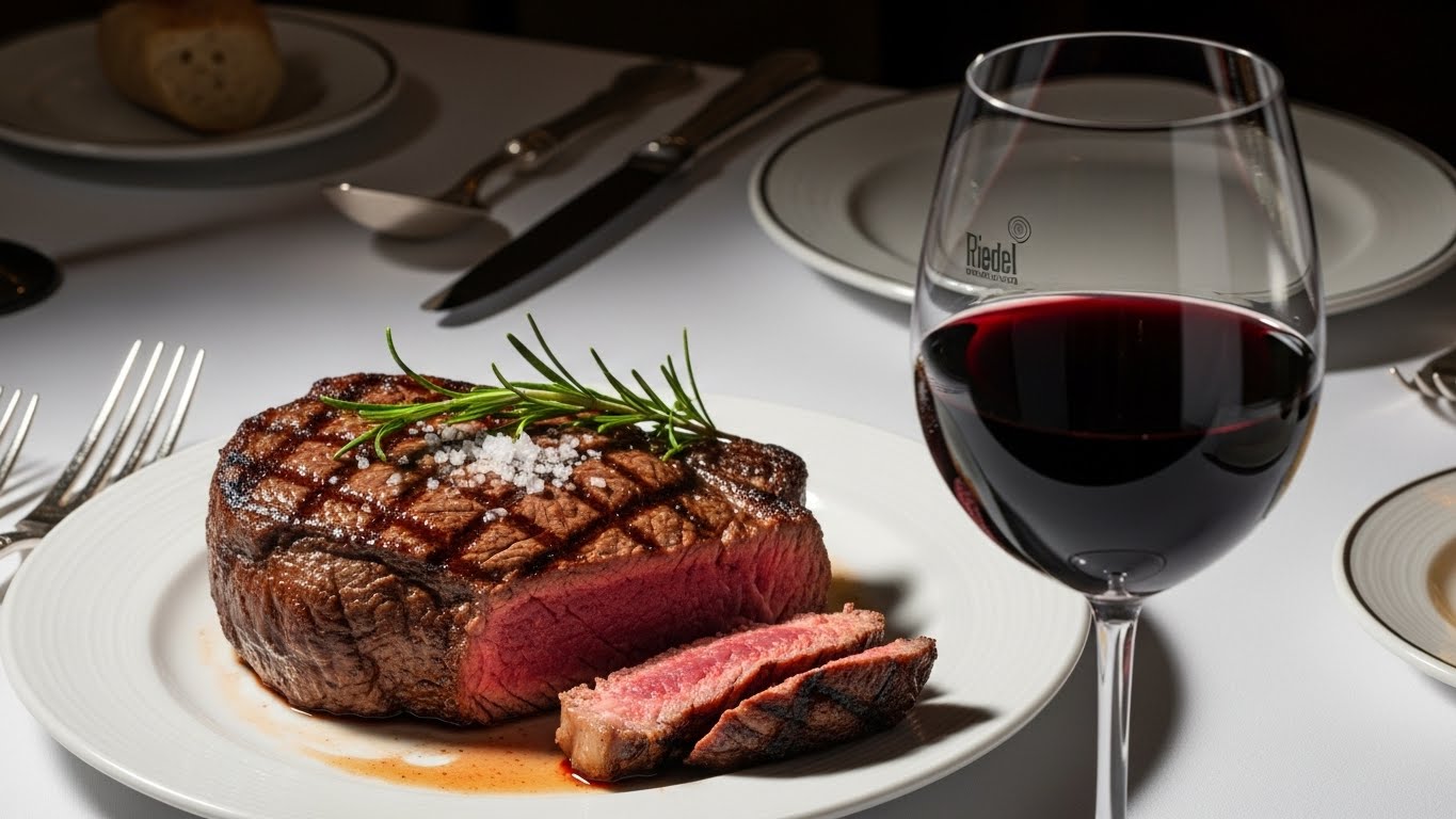 高級レストランのテーブルに置かれた、美味しそうなステーキと赤ワイン