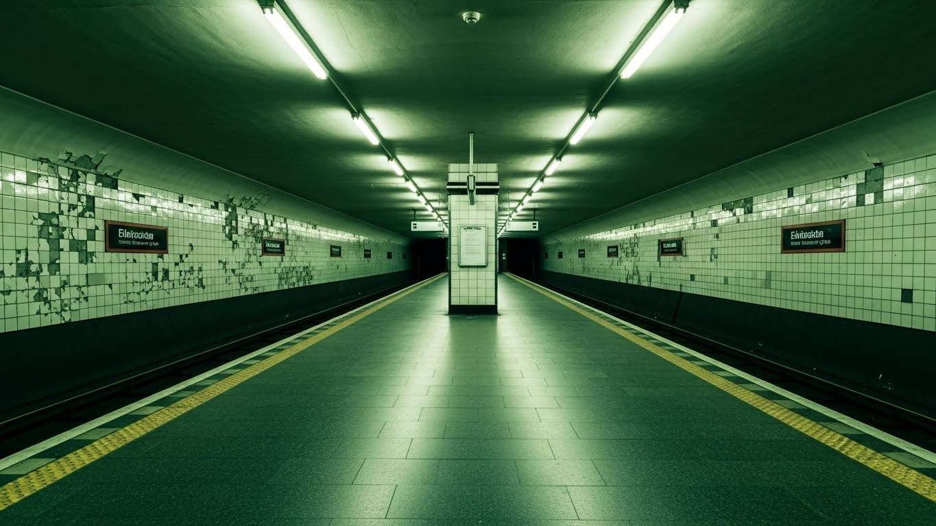 緑色の蛍光灯に照らされた、無人で静まり返った地下鉄のホーム