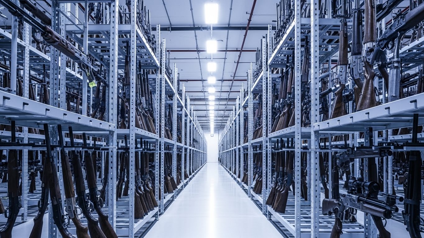 整然と並んだ金属製のラックと銃が続く、真っ白で無機質な保管庫
