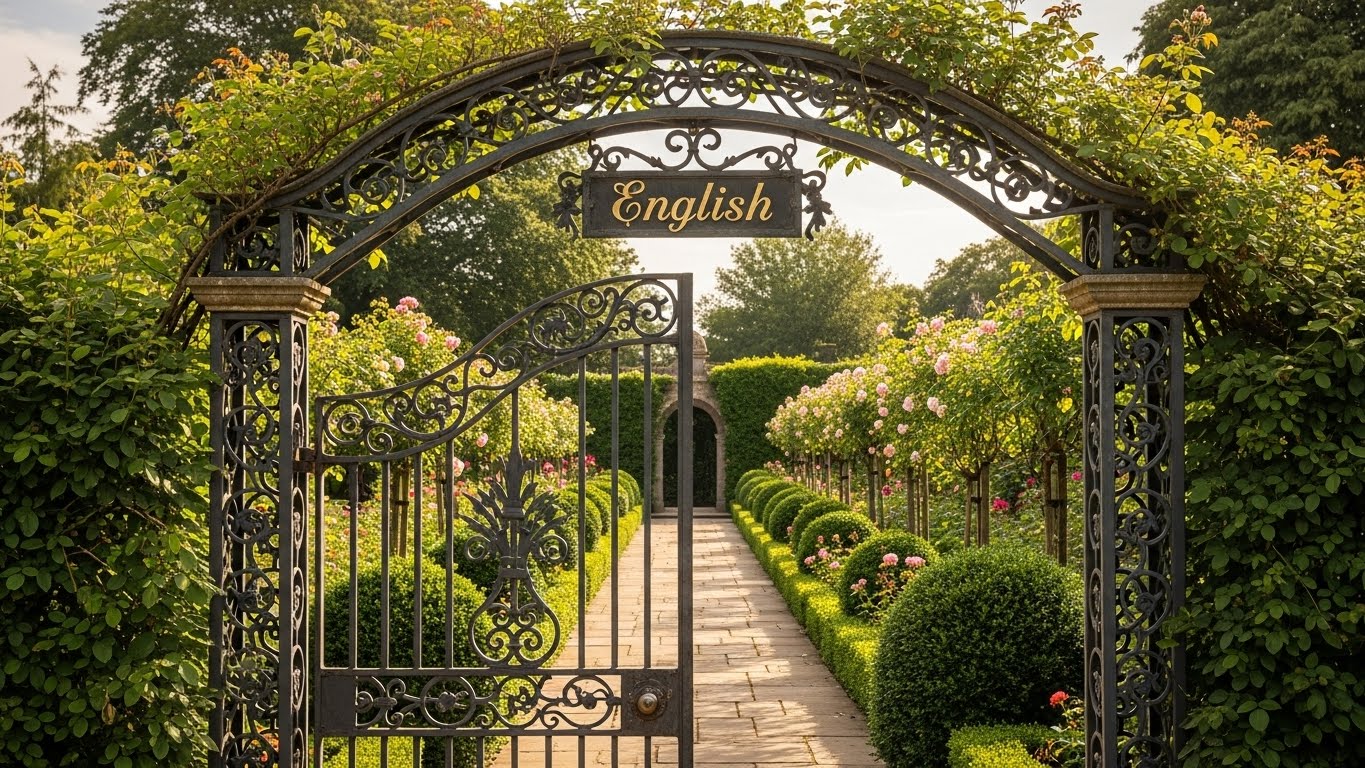 「English」の表札が掲げられた装飾的なアンティーク鉄製門が少し開き、その向こうに格調高い英国庭園が光を浴びて広がっている様子