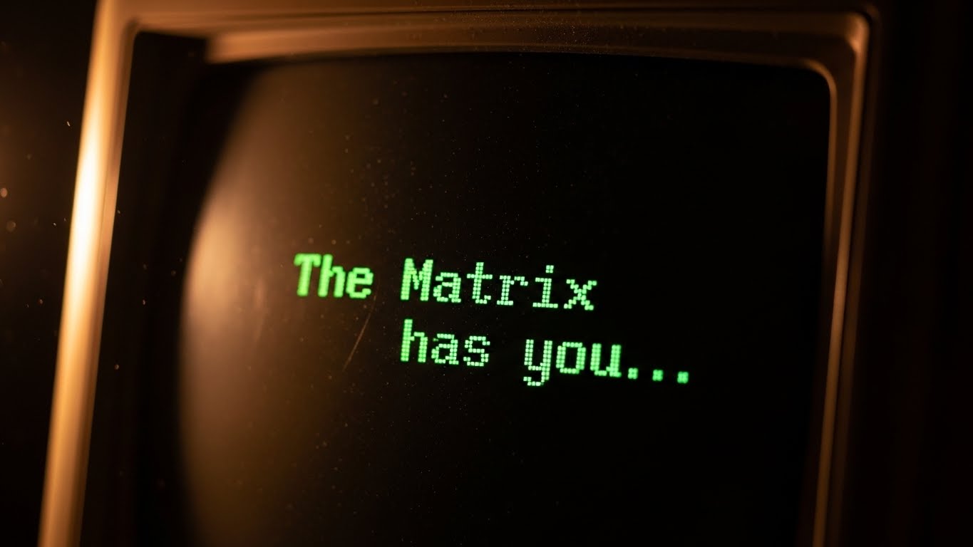 暗い部屋にあるレトロなコンピューター画面と、そこに表示されたメッセージ