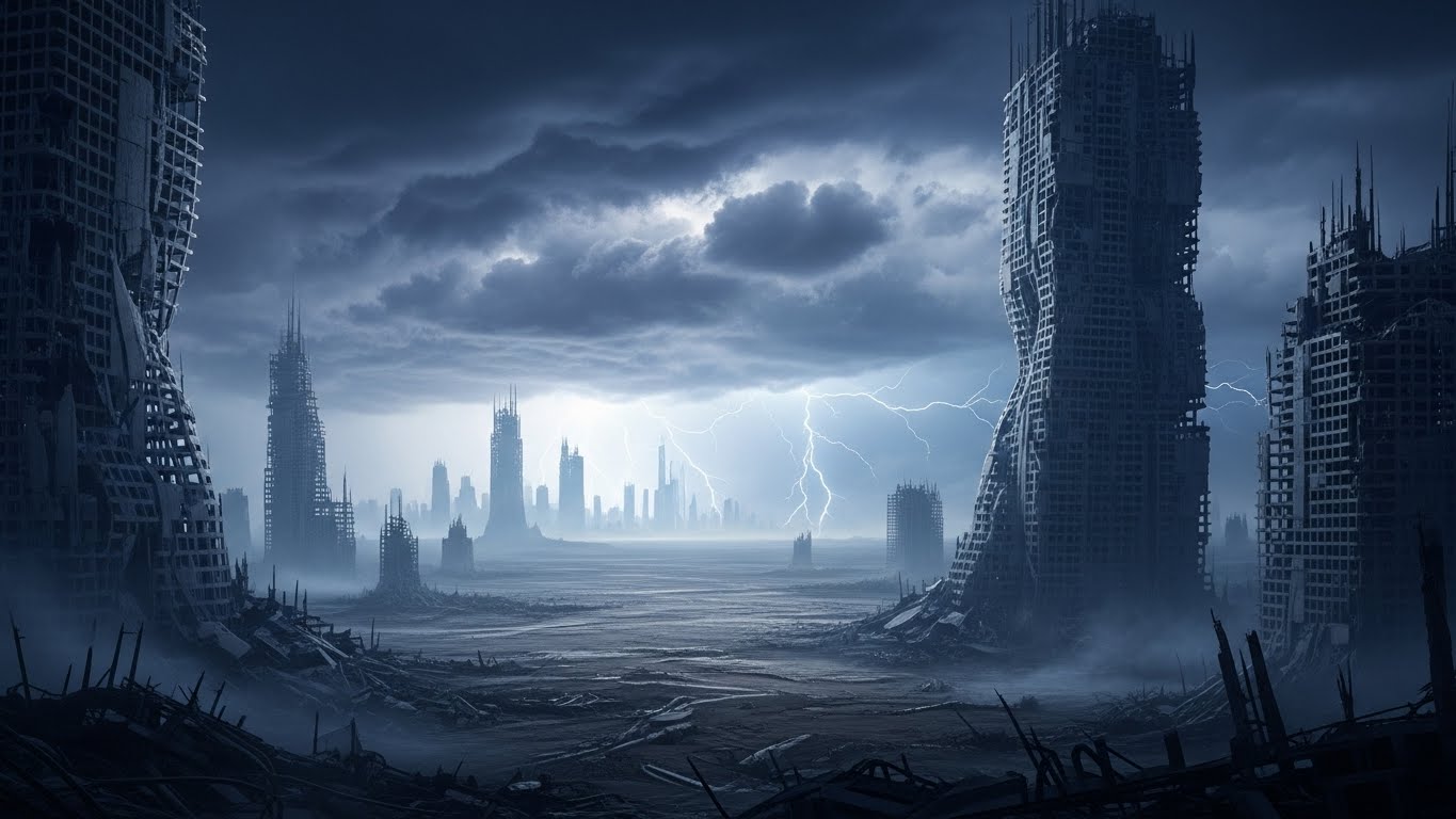 荒廃した未来の風景と、暗い嵐の空の下に広がる建物の廃墟