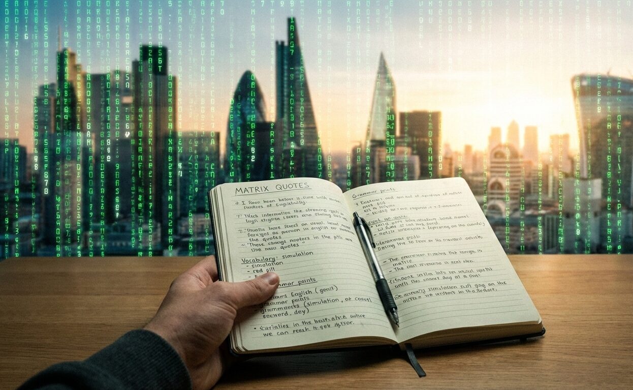 デジタルコードが降る都市の夜明けを背景に、英語学習ノートを広げる手元のイメージ