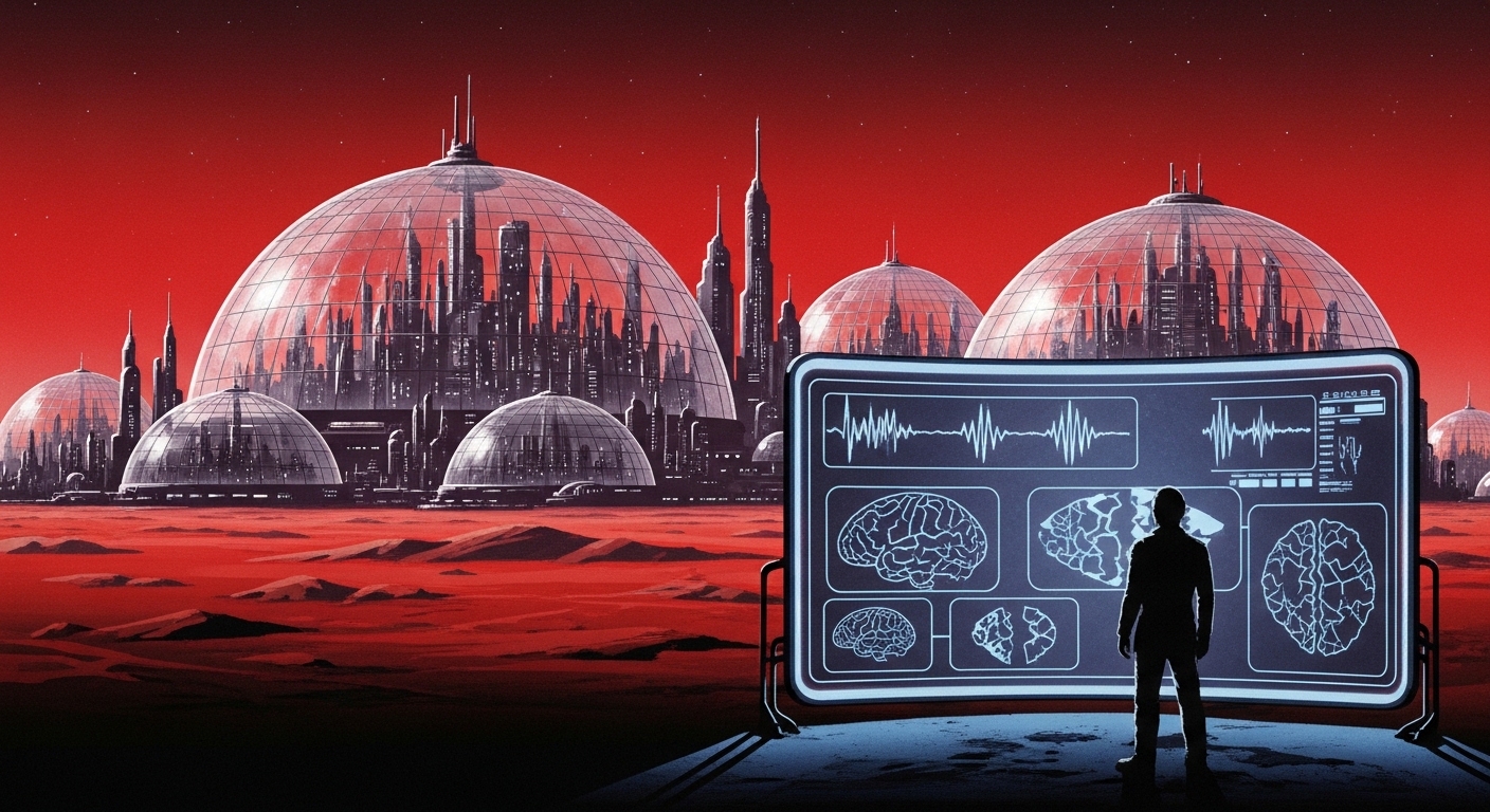 赤い惑星の地表にあるドーム都市の遠景と、その手前で脳波や断片的な記憶の映像を見つめる人物のシルエットを描いた、90年代SF映画風のイラスト。