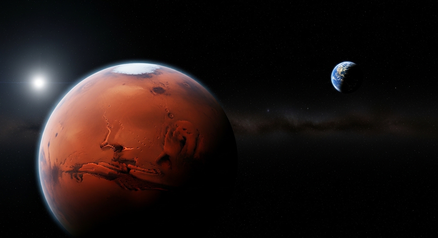 宇宙に浮かぶ巨大な赤い火星と、そのはるか遠方に小さく輝く青い地球。