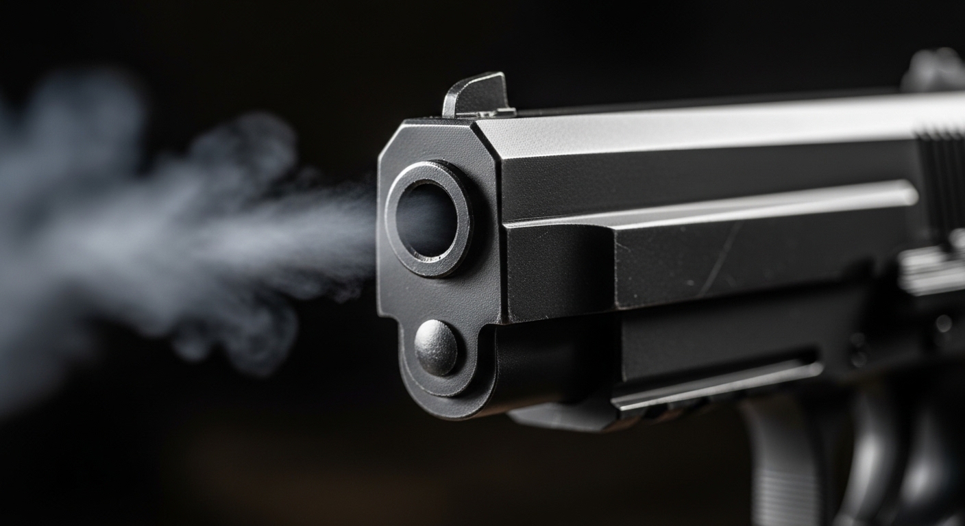 発砲した直後、銃口から細い煙が立ち上がっている黒い大型自動拳銃のクローズアップ。