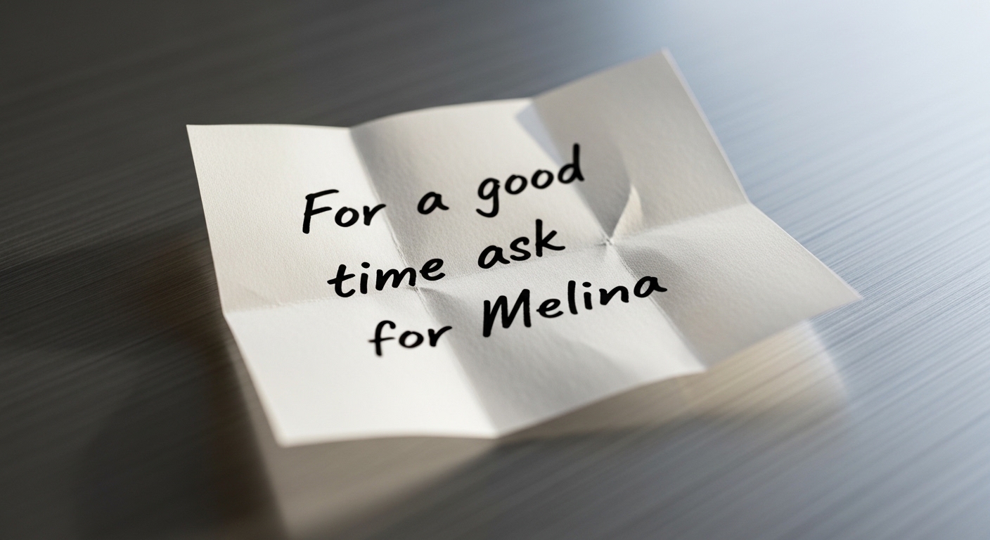 「For a good / time ask / for Melina」と3行に分けて手書きされた、折り目のついた白い紙のメモ。