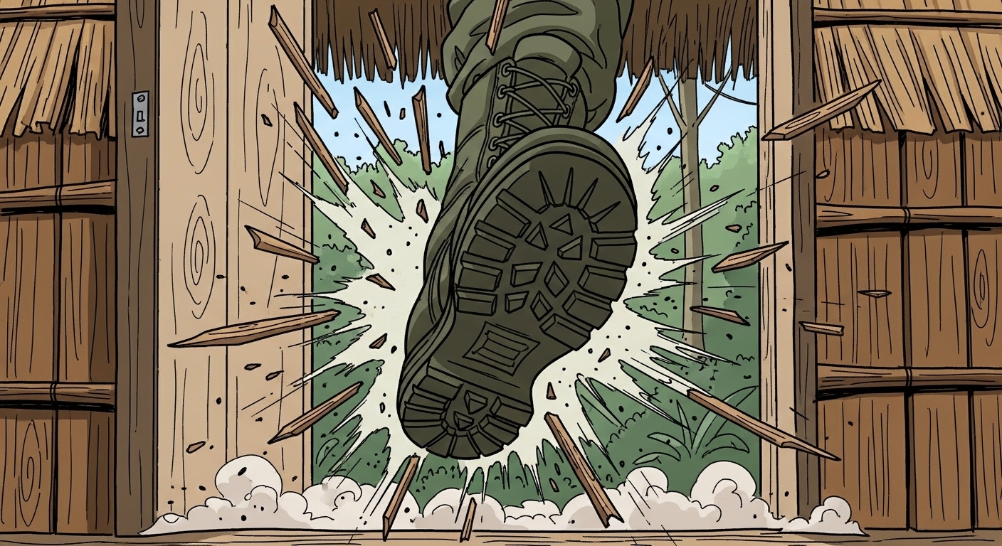 軍用ブーツを履いた足が、木製の格子のドアを激しく蹴り破り、木片が飛び散っている瞬間。