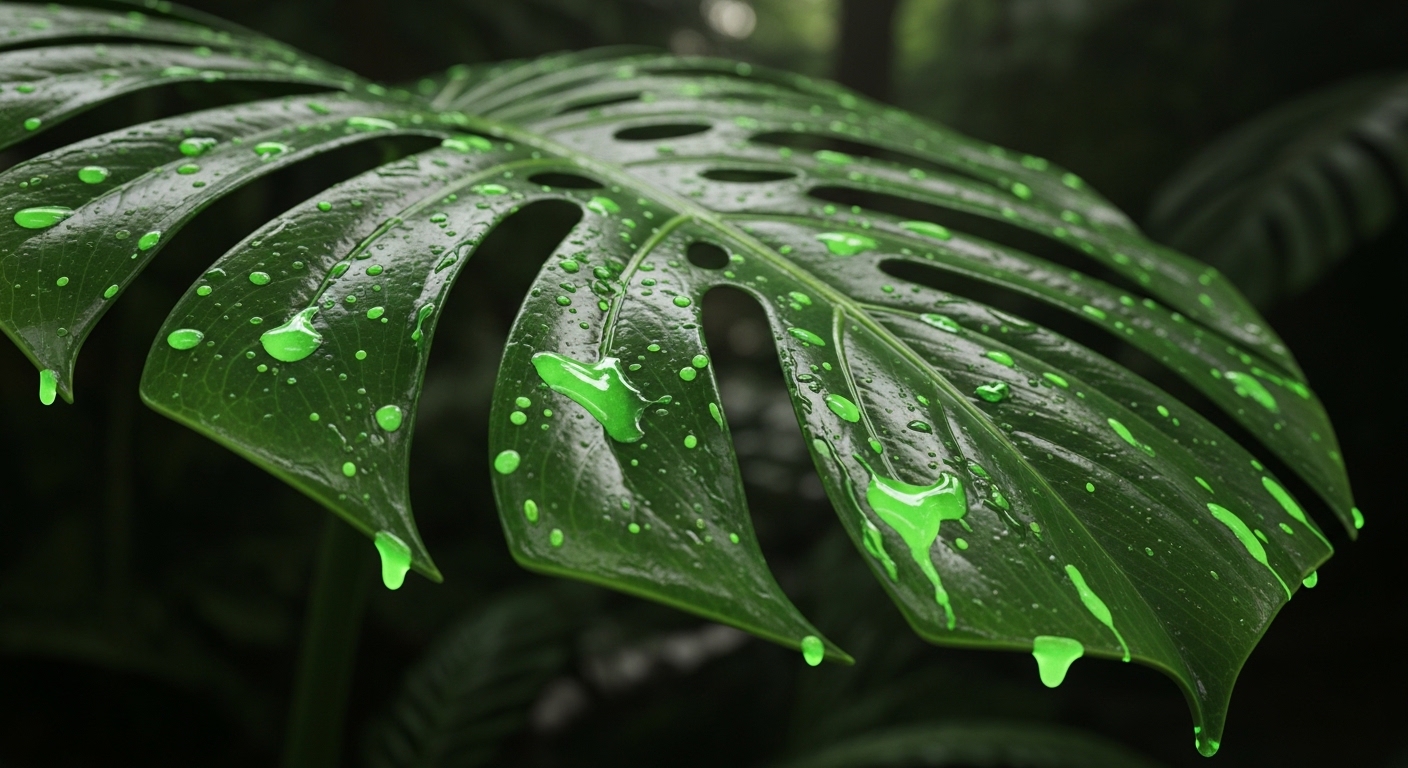 ジャングルの植物の葉に付着した、蛍光グリーンに怪しく光る粘着質の液体（エイリアンの血痕）。