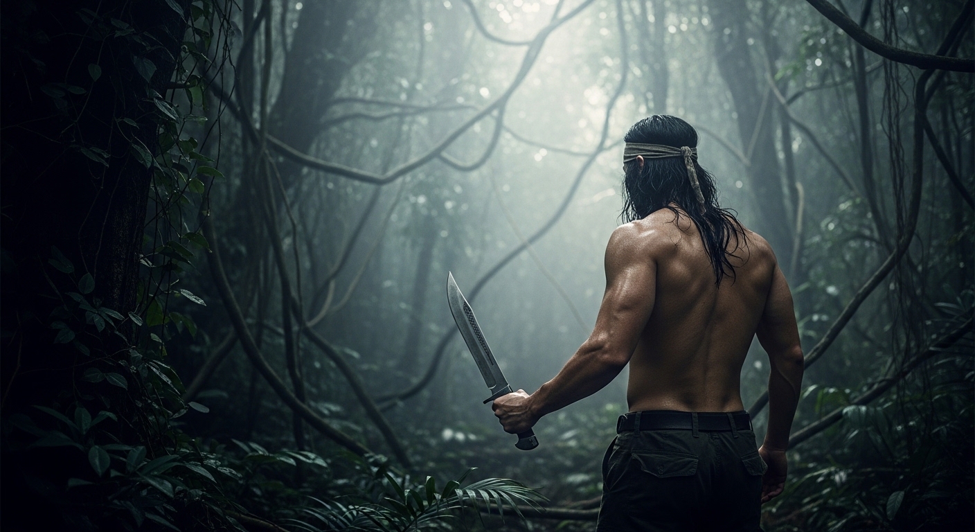 ジャングルの中で警戒して立つ、上半身裸で長髪のたくましい兵士の後ろ姿。巨大なボウイナイフを握りしめている。