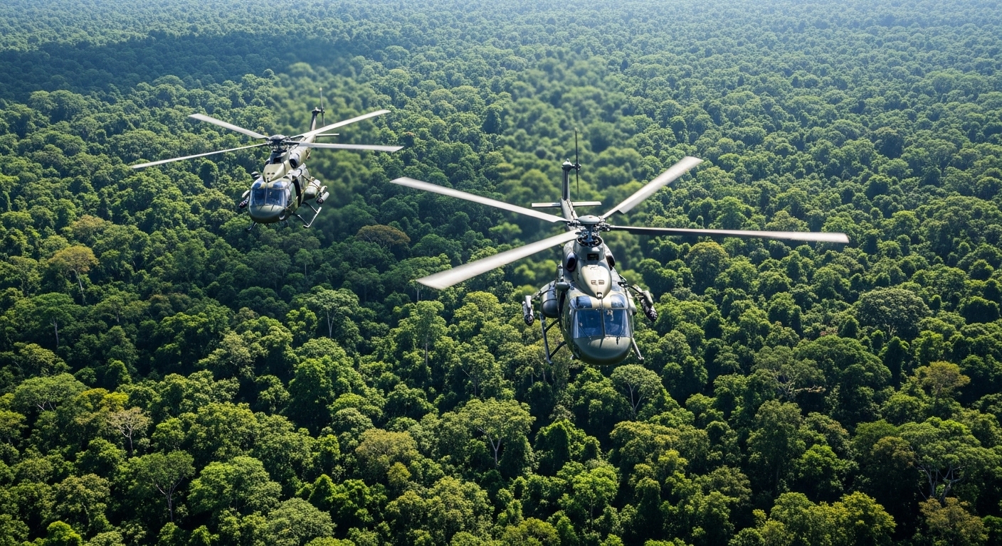 鬱蒼としたジャングルの上空を編隊飛行する2機のヘリコプター。前方上空から見下ろしたアングル。