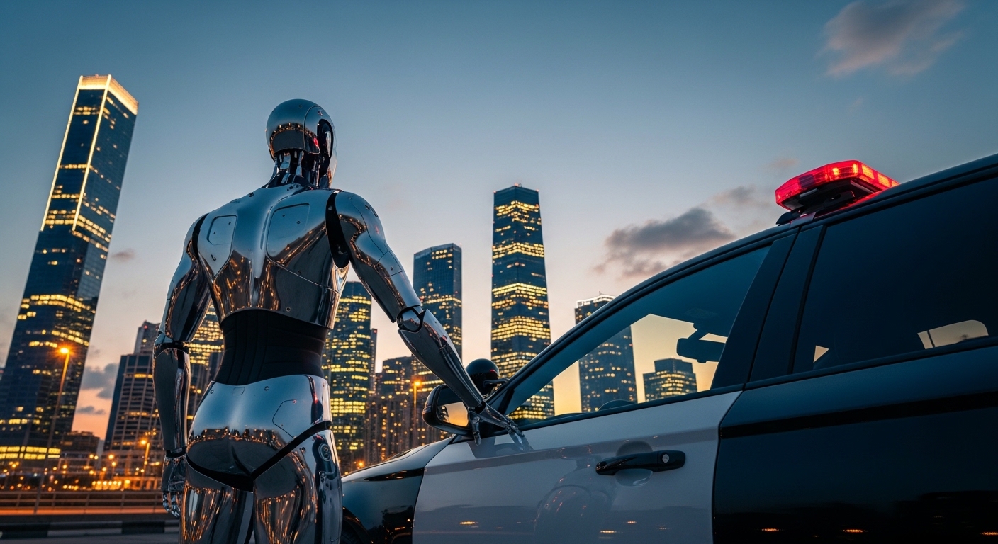 都市の高層ビルを眺めるアンドロイド警官の後ろ姿と、その隣に停まるパトカー