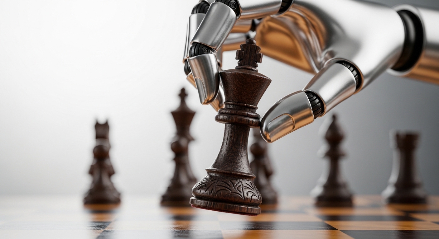 チェス盤上で、精巧な銀色の人型ロボットの手が、木製のチェスの駒（キング）をそっと持ち上げようとしている瞬間。