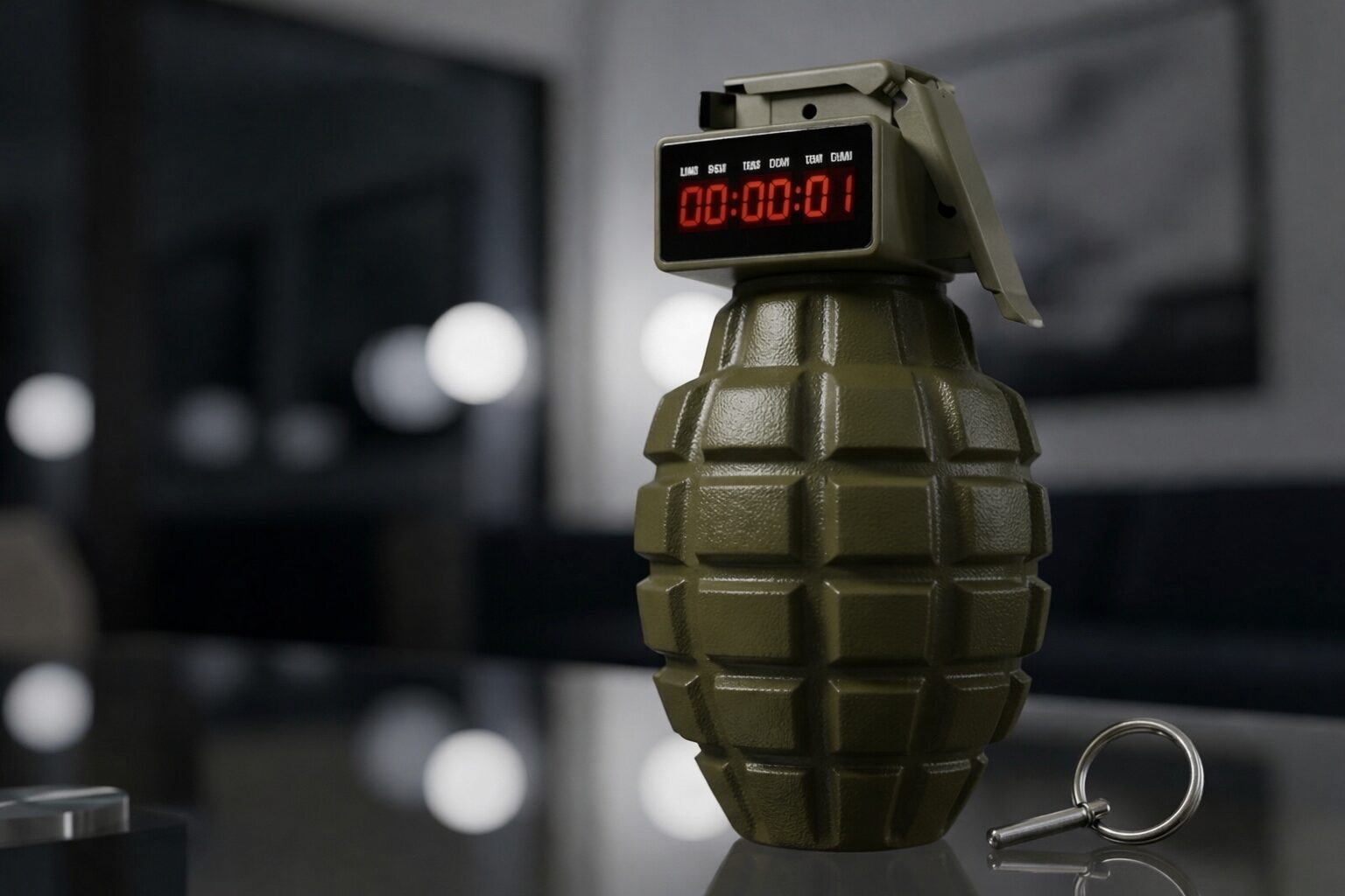 リビングルームのガラステーブルの上に置かれた、手りゅう弾型の時限爆弾のクローズアップ。上部の小さな液晶画面にカウントダウンが表示されている。