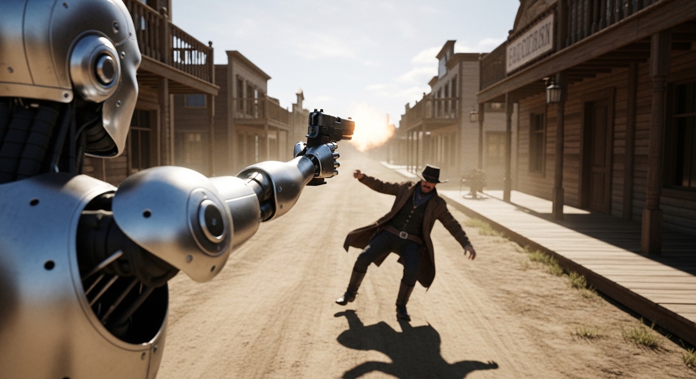 西部劇の町並みで、手前に立つ銀色のアンドロイドが銃を撃ち、遠景にいる西部劇の服装の男が撃たれて倒れかかっている決闘の瞬間。