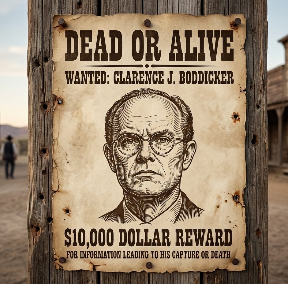 古びた西部開拓時代の指名手配書のクローズアップ。「DEAD OR ALIVE」の文字と犯罪者の似顔絵、そして「$10,000」の賞金額が描かれている。