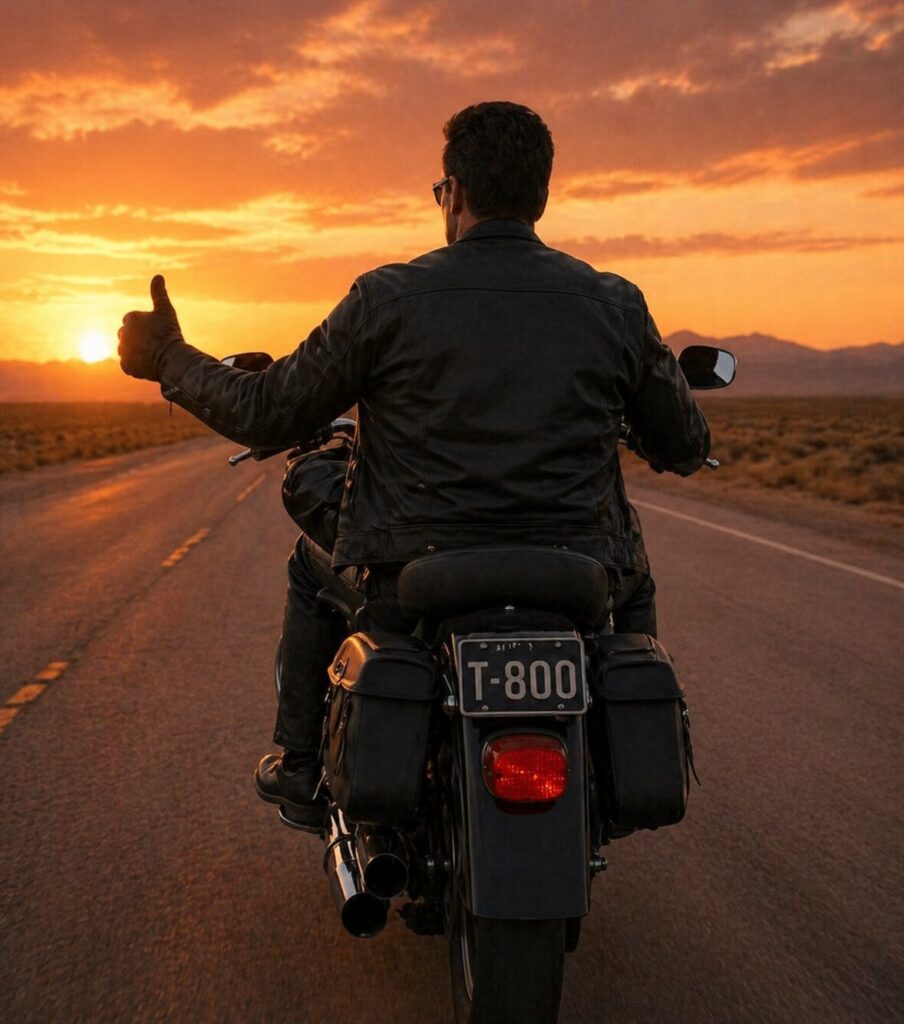 夕暮れの荒野、ハイウェイを走る一台のバイクの後ろ姿、左手で別れのサムアップ