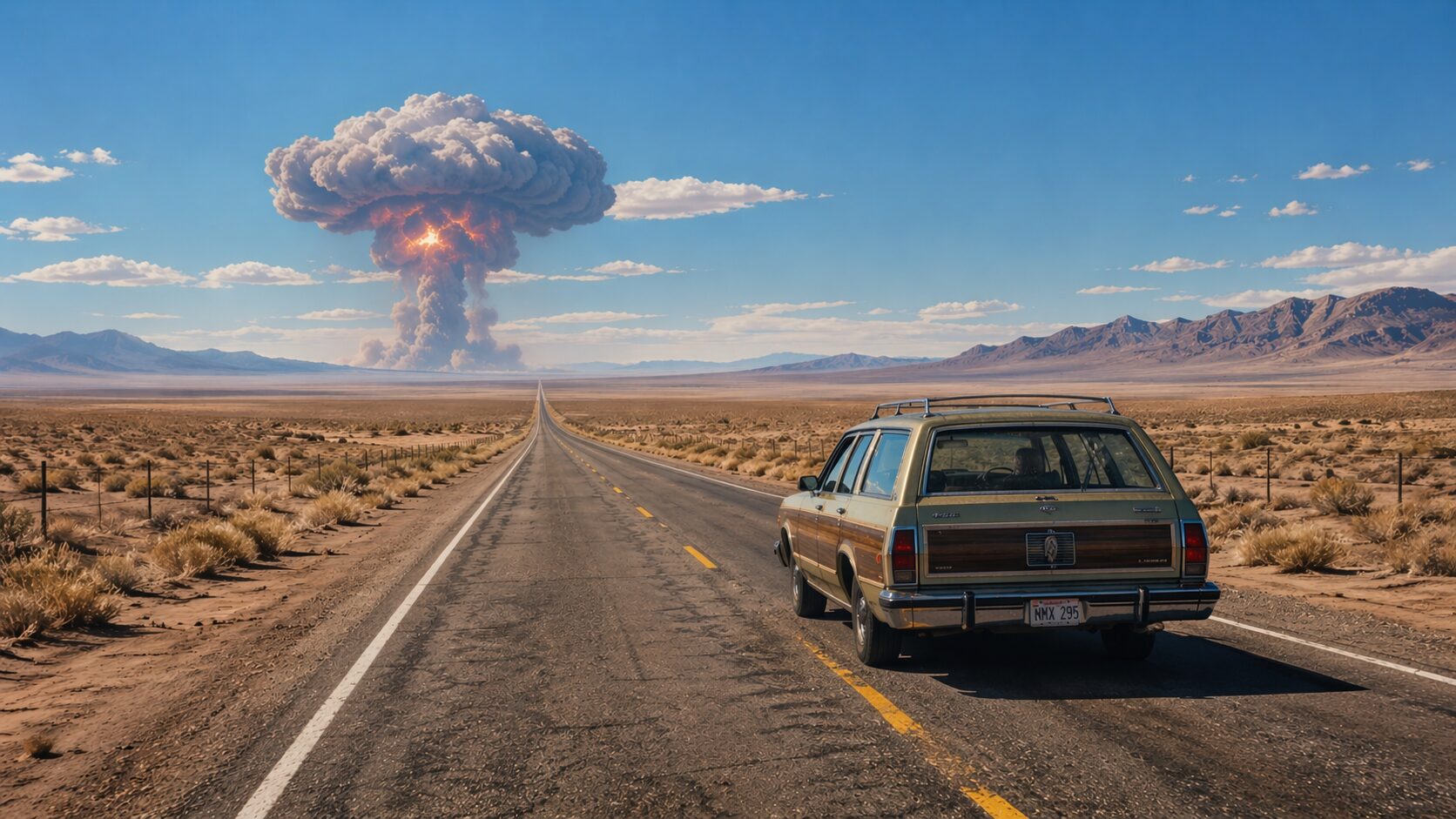 晴天の荒野、地平線の彼方まで伸びるハイウェイ、一台の古いステーションワゴンの後ろ姿、行く手の遠くには核爆発を思わせる不穏なキノコ雲
