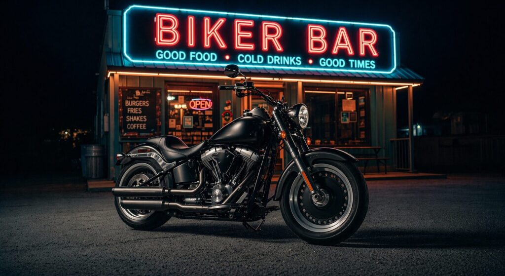 夜、ロードサイドのバイカーバーの手前に停まった、ネオンに照らされた一台の黒いアメリカンバイク