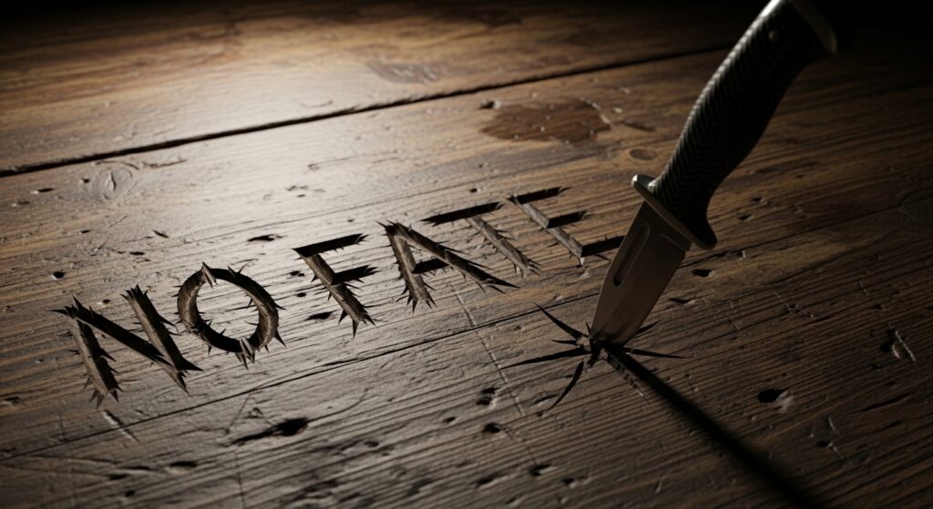 木製テーブルの表面に刻まれたNO FATEの文字と、突き立てられたナイフ