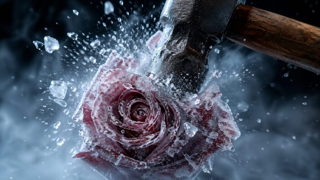 液体窒素で凍り付いた一凛のバラと、それを砕くハンマー、インパクトの瞬間